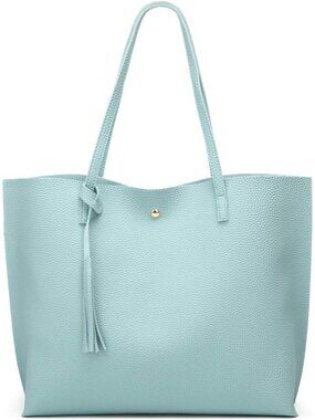Women's Light Blue Faux Leather Tote Shoulder Bag Spacious Tassel Style